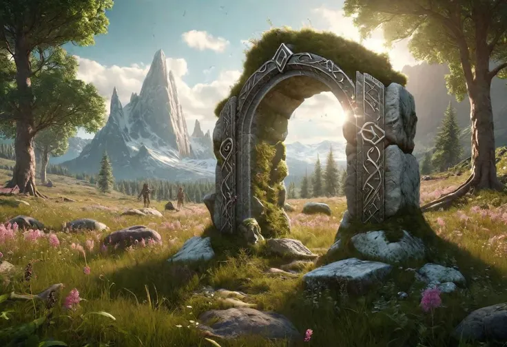 Hyperrealistic art fantasy open Meadow landscape, a Rune covered (marble (stone)) portal in the Meadow, a detailed matte painting by Mike Winkelmann, cgsociety, fantasy art, forest portal, , cgsociety 9 . Extremely high-resolution details, photographic, re...