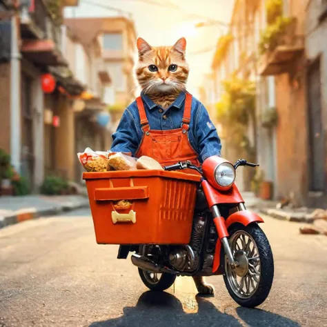 araffe cat in overalls riding a motorcycle with a basket of food