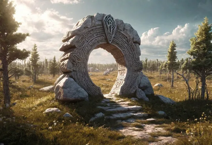 Hyperrealistic art fantasy Prairie landscape, a Rune covered (marble (stone)) portal in the Prairie, a detailed matte painting by Mike Winkelmann, cgsociety, fantasy art, forest portal, , cgsociety 9 . Extremely high-resolution details, photographic, reali...