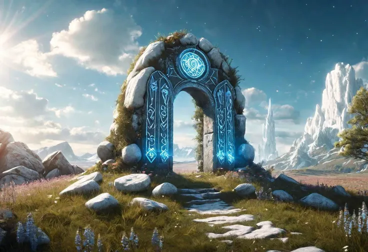 Hyperrealistic art fantasy meadow  landscape, a glowing Runes covered (white stone) magical portal, a detailed matte painting by Mike Winkelmann, cgsociety, fantasy art, magical stone portal, blue sky, Extremely high-resolution details, photographic, reali...