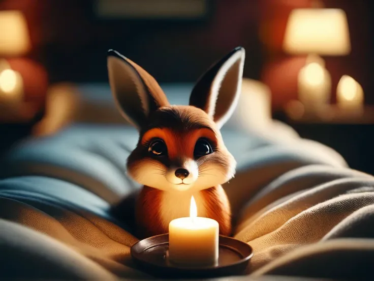 cinematic film still bedroom, fox and rabbit lying in a big bed, saying good night, pyjama, cosy, furry, fluffy, good feelings, happy, ultra detailed, 8k, masterpiece, moonlight, candles, warm, detailed eyes,  <lora:add-detail-xl:1.8> ,<lora:DonMCry5741b41...