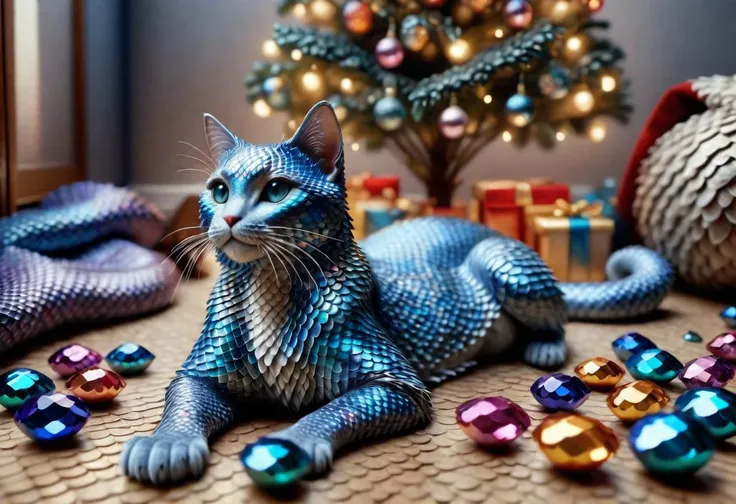 covered in blue scales cat siting next to a pile of  (colorful gems), under a Christmas tree, (living room), highly detailed clean, beautiful detailed intricate, 8K,