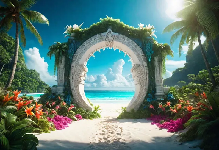 Hyperrealistic art fantasy lush tropical beach landscape, a glowing Runes covered (white stone) portal, a detailed matte painting by Mike Winkelmann, cgsociety, fantasy art, magical stone portal, colorful flowers,  blue sky, Extremely high-resolution detai...