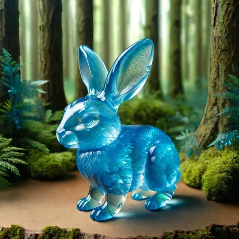 there is a blue glass rabbit sitting on a tree stump