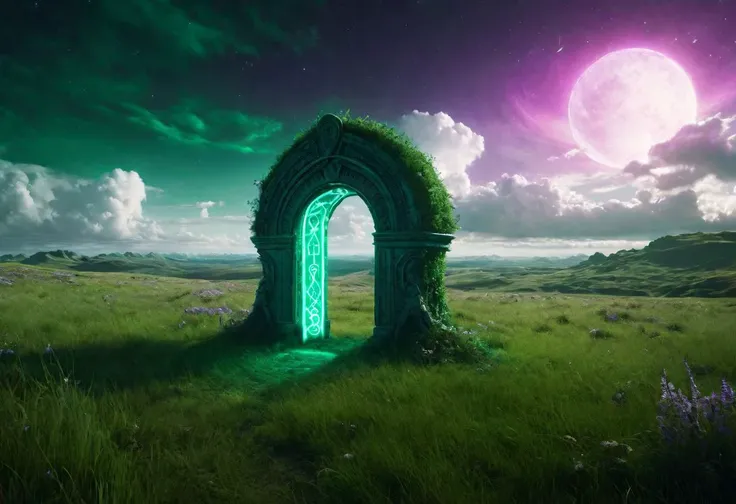 Hyperrealistic art fantasy lush Temperate Grassland landscape, a ((dark green:1.15)/(purple:.75) glowing Runes) covered (white stone) portal, a detailed matte painting by Mike Winkelmann, cgsociety, fantasy art, blue sky, Extremely high-resolution details,...