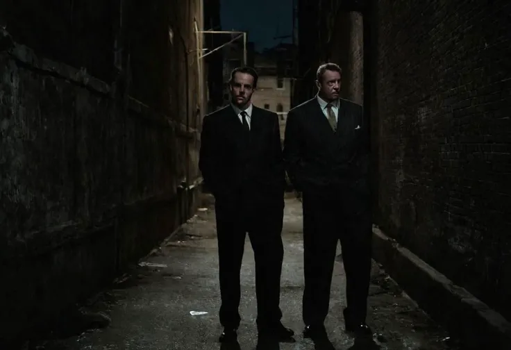 Two gentlemen in suits on a corner of a dark alley in a dangerous neighborhood