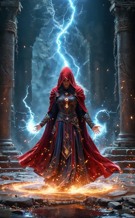 a woman in a red cloak and cape standing in front of a lightning