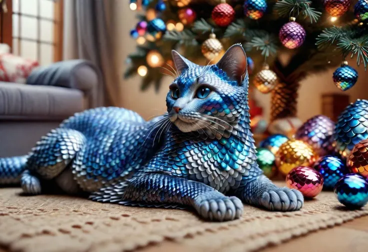 covered in blue scales cat siting next to a pile of  (colorful gems), under a Christmas tree, (living room), highly detailed clean, beautiful detailed intricate, 8K,