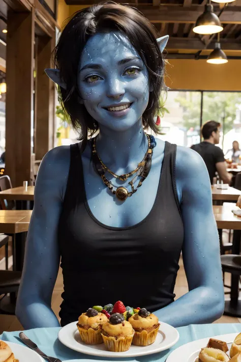 araffe with blue paint on her face and a plate of cupcakes