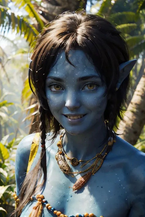 a close up of a woman with blue skin and a necklace