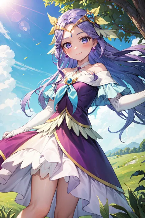 masterpiece,best quality,1girl,cure earth,(blue eyes|purple eyes),purple hair,very long hair,hair ornament,hair intakes,off shoulders,halterneck,brooch,earrings,elbow gloves,(long dress),smile,standing,spread arms,sunlight,lens flare,(wind,leaf),plain,gras...