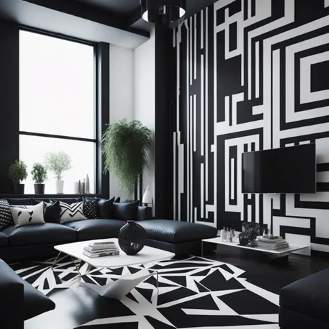 <lyco:geometric_style_interior_design_Sa_May:1.0>  geometric style interior design of living room black and white