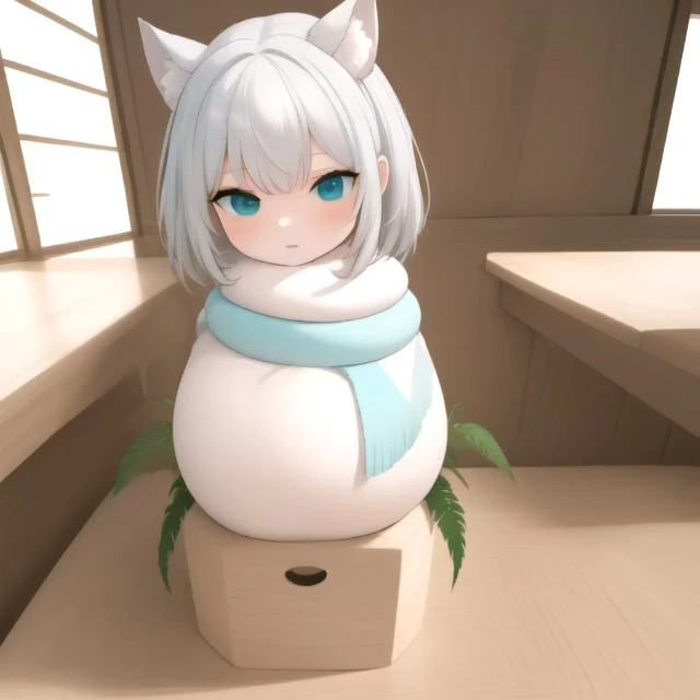 anime character with white hair and blue eyes sitting on a box