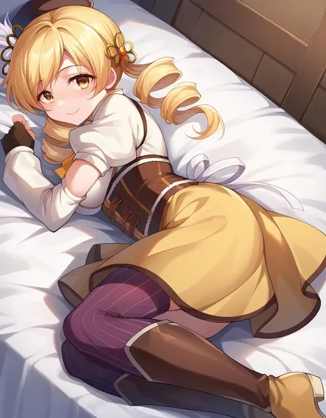 score_9, score_8_up, score_7_up, source_anime,
mamitomoe, <lora:mami-tomoe-ponyxl-lora-nochekaiser:1>,
mami tomoe, blonde hair, drill hair, twin drills, yellow eyes, smile,
boots, brown footwear, brown gloves, corset, detached sleeves, fingerless gloves, g...