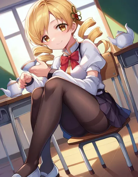 score_9, score_8_up, score_7_up, source_anime,
mamitomoe, <lora:mami-tomoe-ponyxl-lora-nochekaiser:1>,
mami tomoe, blonde hair, drill hair, twin drills, yellow eyes, smile,
black pantyhose, black skirt, bowtie, juliet sleeves, long sleeves, mary janes, mit...