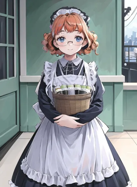 narrow waist, 1girl,
Carrying a heavy laundry basket with a large amount of clothing
light smile, looking at viewer, 
traditional maid ,Ginger hair, freckles, glasses,curly hair,
<lora:TraditionalMaid:1>