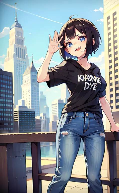 1girl, cute pose, waving, short hair, brown hair, blue eyes, black hoodie, (short sleeves:1.3), jeans, open mouth, smile, outdoors, city, street, blue sky, sunlight