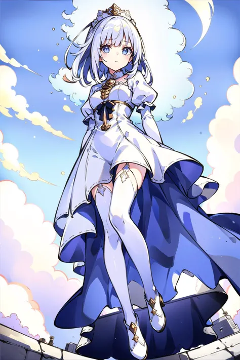 (best illumination), (ultra-detailed:1.4), clouds, sky, morning, winter, sun, day, sunny, dappled sunlight, ((1girl)), (full body:1.2), look down, white dress, beautiful detailed eyes, white hair, dynamic pose, sense of hustle and bustle, street, (a sense ...
