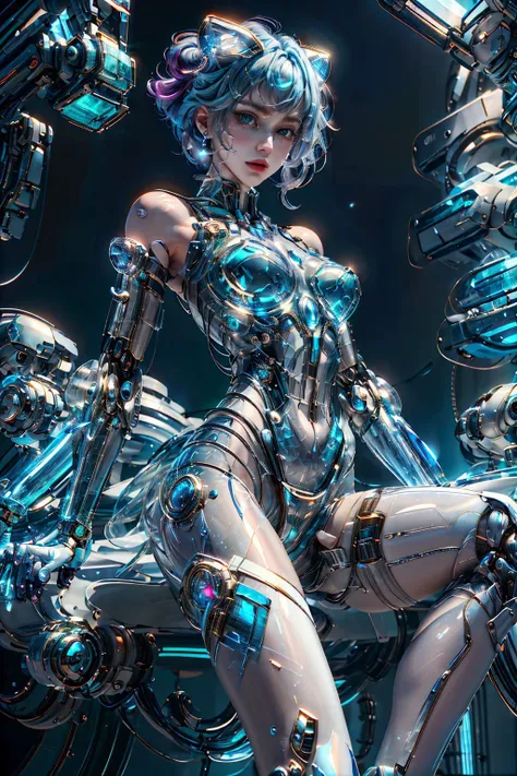 a close up of a woman in a futuristic suit with a machine