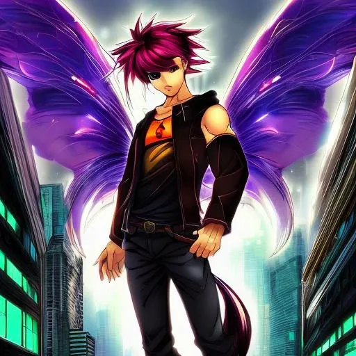 1cat, building, city, depth_of_field, looking_at_viewer, male_focus,angel_wings,casual_clothes, comic book cover, tarot card, wild colored hair, style of joe madureira,style of salvadora larocca, lisdusk1,nvinkpunk, lisdusk2