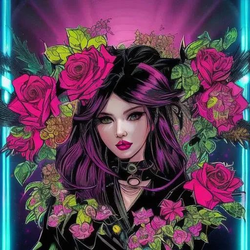 Cyberpunk, Retro Futurism,Flowers, Roses, Detailed Surrealistic Beauty, Vantablack, Sequins, Rim Lighting,sequin, explosion,graffiti , cinematic, 90s comic_book_style, ink_punk_style,90s comics, style of joe madureira,style of salvadora larocca, lisdusk1...