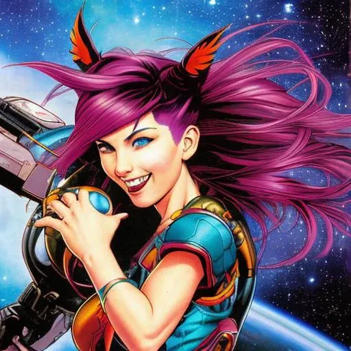 90s style, flying through space, depth_of_field, looking_at_viewer, comic book cover, tarot card border, wild colored hair, style of joe madureira,style of salvadora larocca, lisdusk1,nvinkpunk, lisdusk2