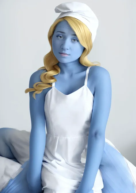 RAW photo,  portrait photo of (blue woman in white dress:1.4), (smurfette:0.8), (blonde:1.3), (blue_skin:1.35), white liberty caps, sitting in bedroom, (high detailed skin:1.2), 8k uhd, dslr, soft lighting, high quality, film grain, Fujifilm XT3, <lora:smu...