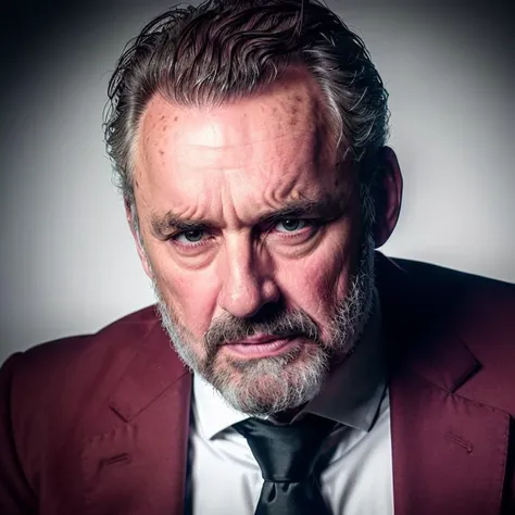 analog gloomy (extreme close up shot) photo of an angry mature man, <lora:j0rd4np3t3rs0n:1>, (wearing a burgundy suit), looking at the camera, centered in frame, kubrick stare, evil, hell in the background, High Detail, Sharp focus, realistic, best quality...