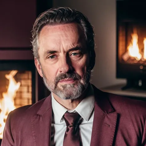 analog gloomy (extreme close up shot) photo of a mature man, <lora:j0rd4np3t3rs0n:1>, (wearing a burgundy suit), looking at the camera, centered in frame, kubrick stare, evil, hellish fire in the background, High Detail, Sharp focus, realistic, best qualit...