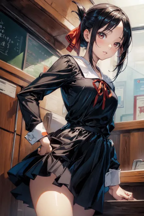 thick outlines, comics, photorealistic, 1girl, solo, small breasts, standing, <lora:shinomiya_kaguya:0.8>, shinomiya_kaguya, parted bangs, red ribbon, hair ribbon, folded ponytail, black dress, school uniform, long sleeves, neck ribbon, office, detailed ba...