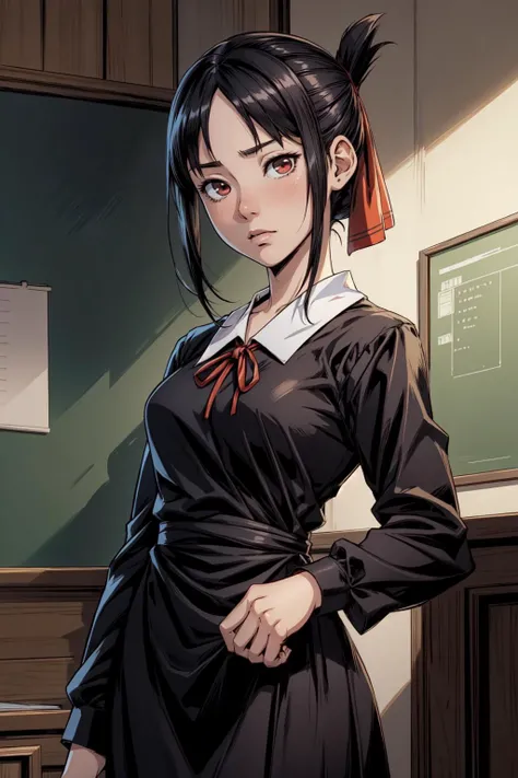 thick outlines, comics, photorealistic, 1girl, solo, small breasts, standing, <lora:shinomiya_kaguya:0.8>, shinomiya_kaguya, parted bangs, red ribbon, hair ribbon, folded ponytail, black dress, school uniform, long sleeves, neck ribbon, office, detailed ba...