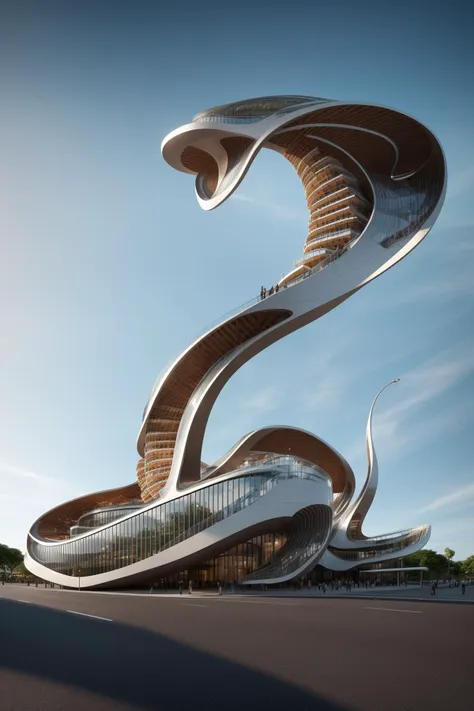 a large spiral shaped building with a curved staircase going up to it