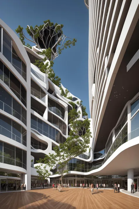 a large building with a tree growing out of the top of it