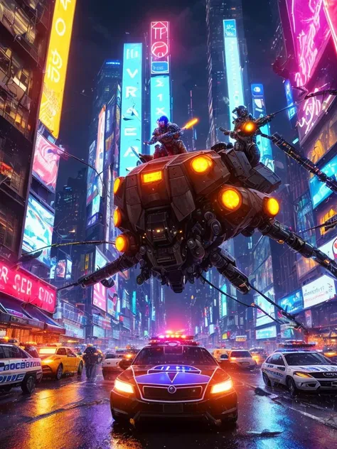 a car driving down a city street with a giant robot flying over it