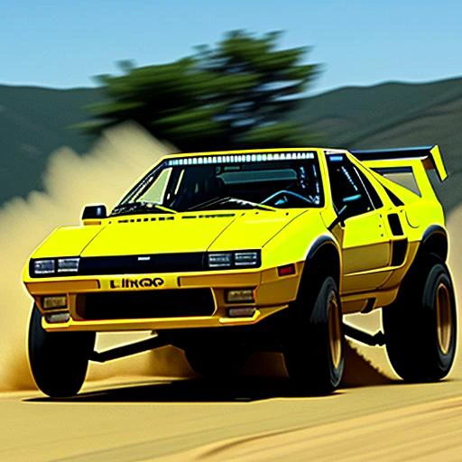 yellow car driving on a dirt road with a mountain in the background