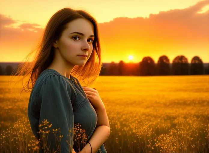 arafed woman standing in a field of tall grass at sunset