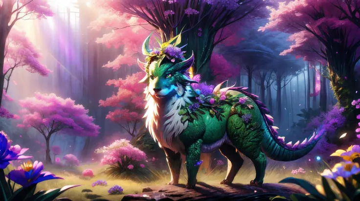 a painting of a green and purple animal standing in a forest