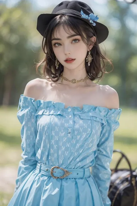 a woman in a blue dress and hat posing for a picture