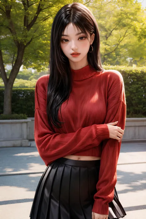 a woman in a red sweater and black skirt posing for a picture