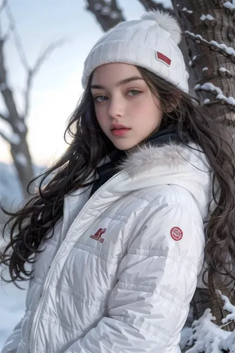 a close up of a woman in a white jacket and a white hat