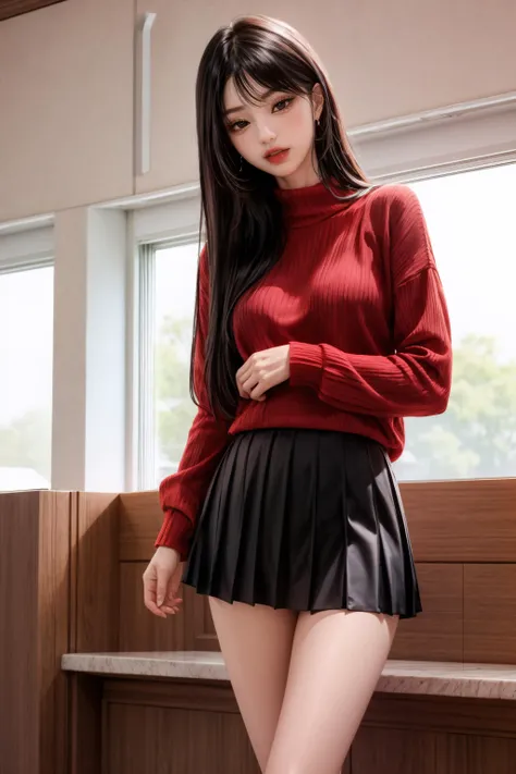 (masterpiece, best quality), <lora:nari v1.5-lora-Faxtron:0.8> nari, black eyes, black hair, long hair, red sweater, long sleeves, black pleated skirt, standing,
<lora:add_detail:0.8>,