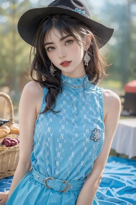 a woman in a blue dress and hat sitting on a blanket