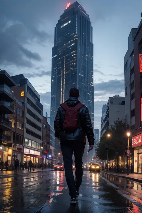 arafed man walking down a wet city street at night