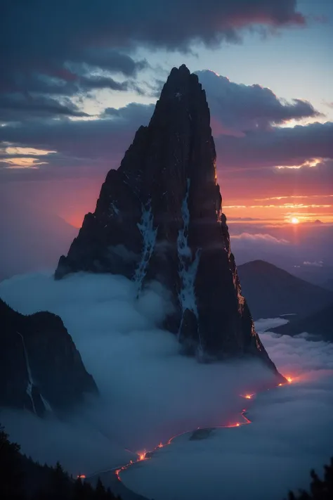 mountains covered in clouds and fog at sunset with a mountain in the distance