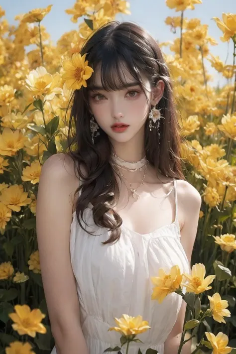 a woman in a white dress standing in a field of yellow flowers