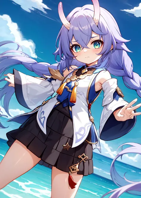 1girl, bailu (Honkai Star Rail),  stand, solo, purple hair, plaits, closed mouth, long hair,  green eyes, dragon horns, detached sleeves, cute, clothes, braids, yellow tassels, blue and white clothes, black skirt, bare legs, blue background, ocean, masterp...