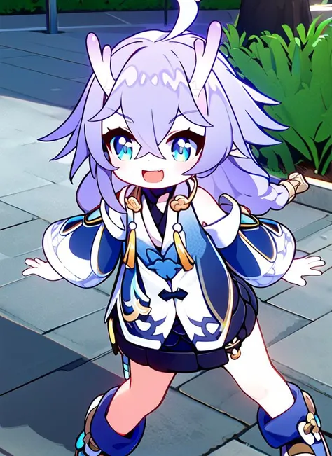 small girl, bailu (Honkai Star Rail), woolen skirt, solo, smile, purple hair, plaits, open mouth, long hair,  green eyes, dragon horns, detached sleeves, cute, clothes, braids, yellow tassels, blue and white clothes, black skirt, bare legs,  water, detail,...