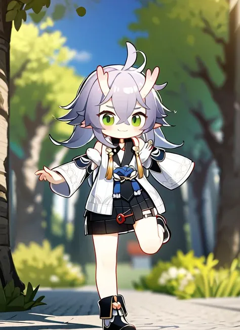 (chibi:1.3)
small girl, dancing,  from side
happy, looking at viewer, close up, full body,  jump,
 bailu (Honkai Star Rail), woolen skirt, solo, smile, purple hair, plaits, , long hair,  green eyes, dragon horns, detached sleeves, cute, clothes, braids, ye...