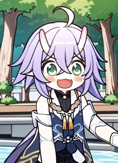 (chibi:1.1)
small girl, dancing, dynamic pose, dynamic angle 
happy, looking at viewer, close up, upper body,  jump,
 bailu (Honkai Star Rail), woolen skirt, solo, smile, purple hair, plaits, open mouth, long hair,  green eyes, dragon horns, detached sleev...