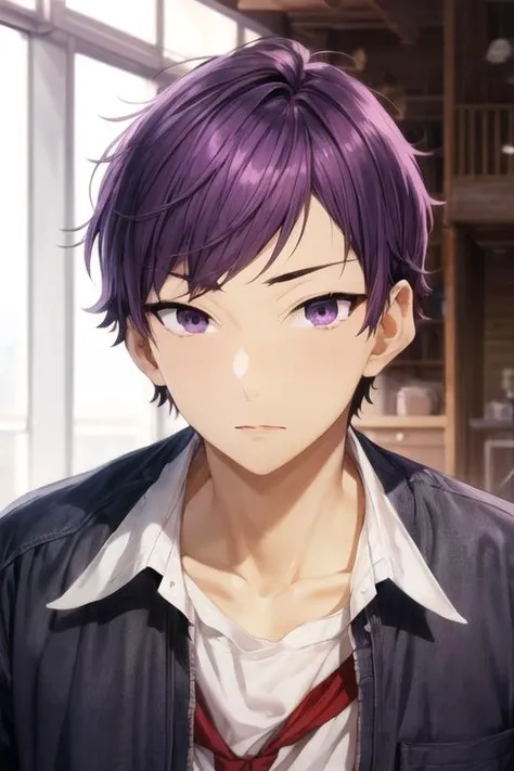 masterpiece, best quality, high quality, 1boy, solo, male focus, looking at viewer, upper body, <lora:tooru_ishikawa:0.78>, tooru_ishikawa, purple hair, purple eyes, ,